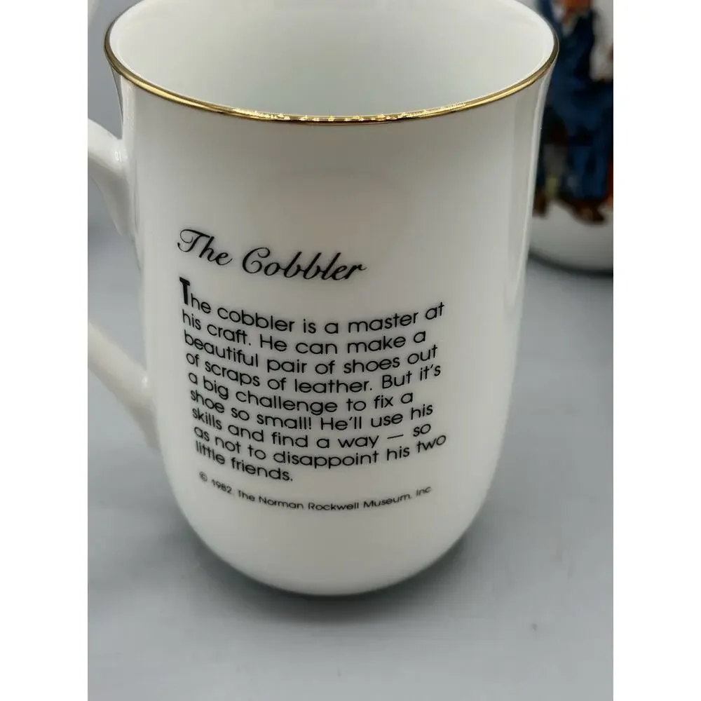 Set 5 Norman Rockwell Museum Coffee Mugs Japan Gold Rim Vintage Cups